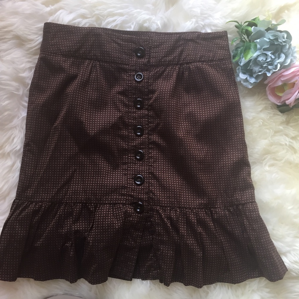 Odille Anthropologie Brown Ruffle Button Skirt size 8 Y2K